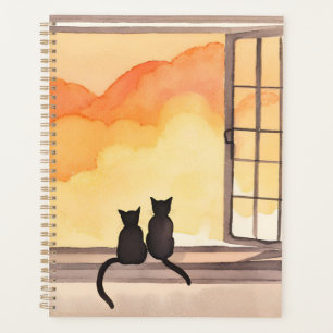 Chats à la fenêtre Silhouette aquarelle au couch