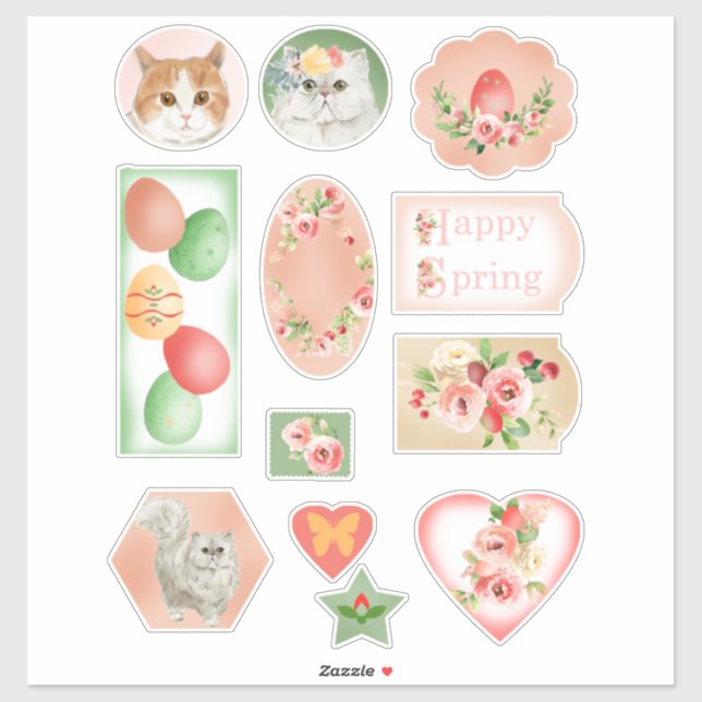 Chats avec fleurs Stickers Pâques et Printemps (Feuille)
