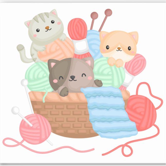 Chats Dans Le Sticker Panier (A digital illustration depicts three cartoon cats nestled amongst balls of yarn and knitting needles)