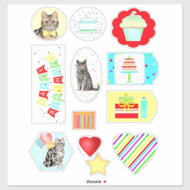 Chats et gâteaux colorés Stickers d'anniversaire (Feuille)