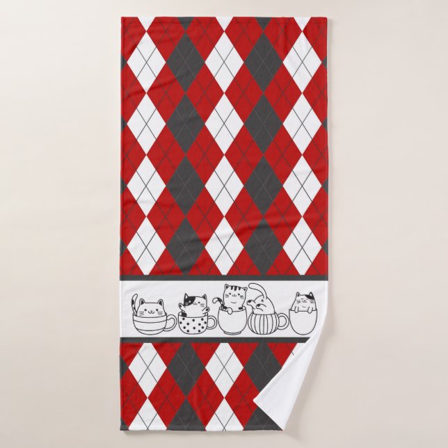 Chats mignons En Tasses -Jacquard rouge, blanc et  (Serviette de bain)
