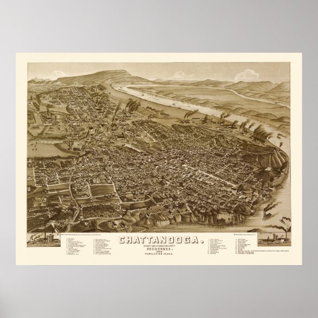 Chattanooga, TN Panoramic Map - 1886 Poster (Vorne)