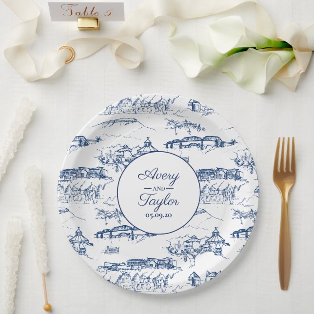 Chattanooga Toile Navy und Weißes Brautparty Pappteller (Hochzeit)