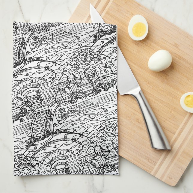 Chattanooga Whimsy Black and White Geschirrtuch (Viertel Falte)