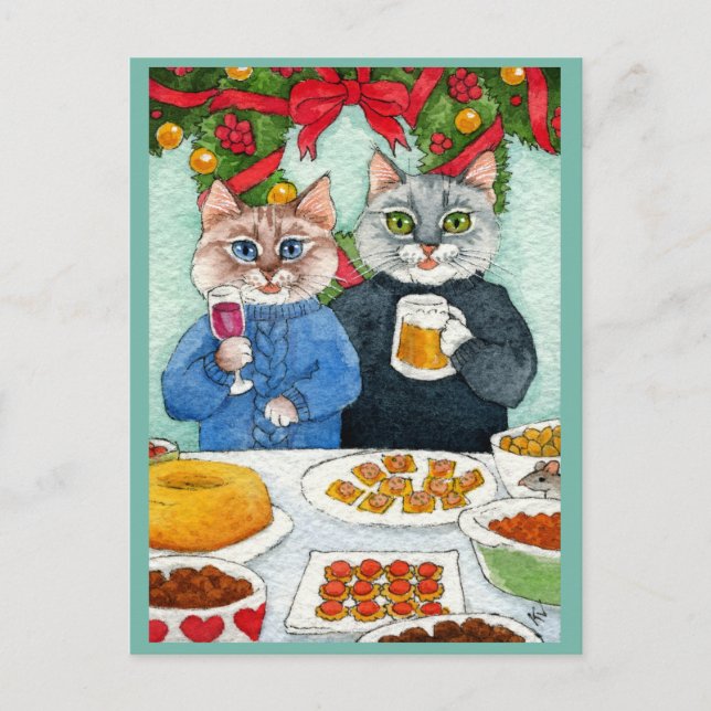 Chatte mignonne, souris, carte postale de Noël (Devant)