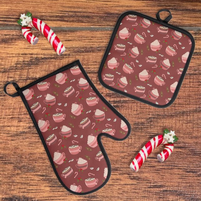 Chaud Coca Mugs Motif Four Mitt Pot Pot Ensemble (Festive Holiday oven mitt and pot holder set with a cute hot cocoa mug pattern . )