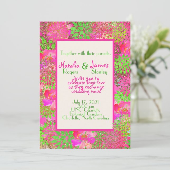 Chaud Pink Lime Green Floral Dahlia Invitation (Debout devant)