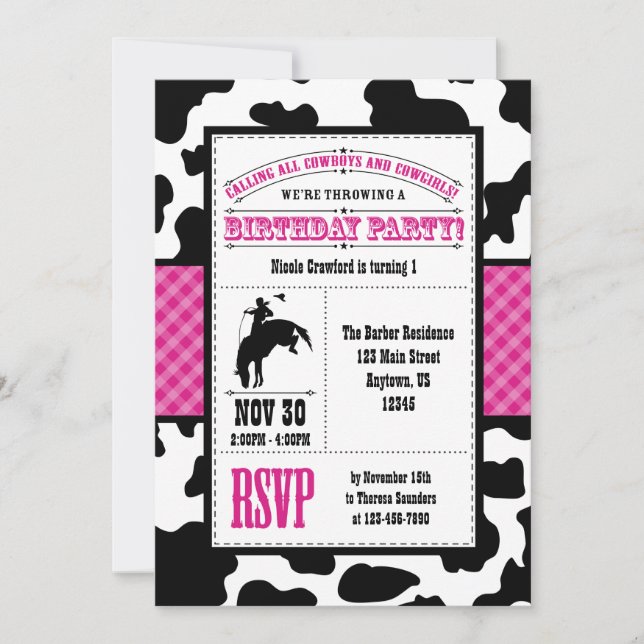 Chaud rose Cowhide Cowboy Invitation d'anniversair (Devant)