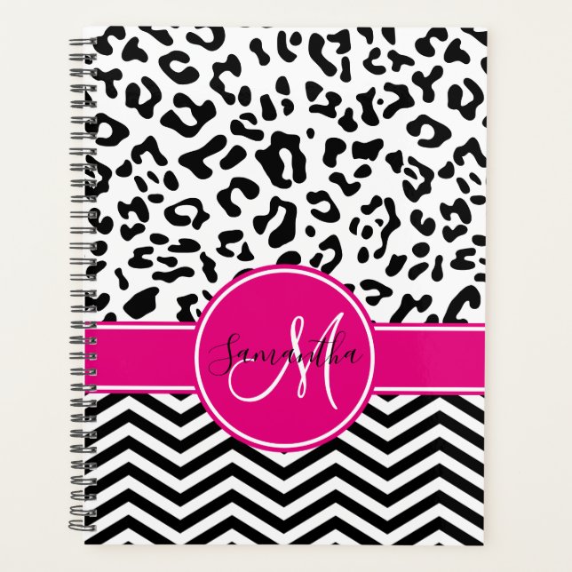 Chaud rose noir et blanc léopard Chevron Monogramm (Devant)