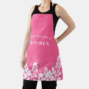 Chaud rose Nom personnalisé Blanc floral tablier