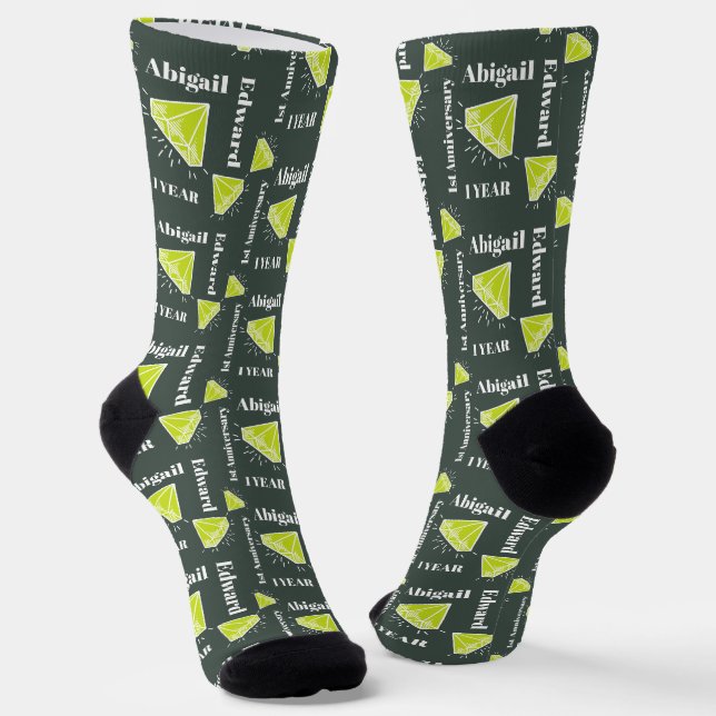 Chaussette 1er Anniversaire Mariage vert perdot gem personnal (Angulaire)
