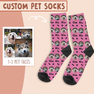 Chaussette 2 Chiens 2 Noms photo personnalisée Chien sur rose