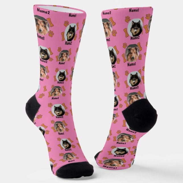 Chaussette 2 Chiens Photos 2 Noms + Bones & Empreintes de pat (Angulaire)