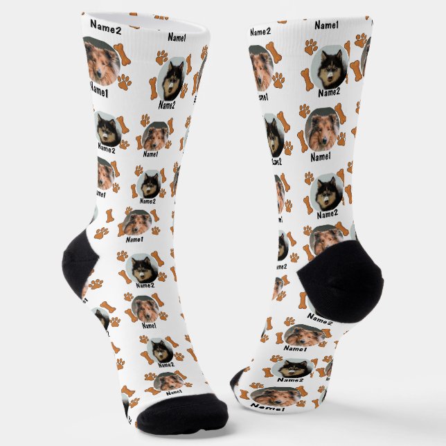 Chaussette 2 Chiens Photos 2 Noms + Bones & Empreintes de pat (Angulaire)
