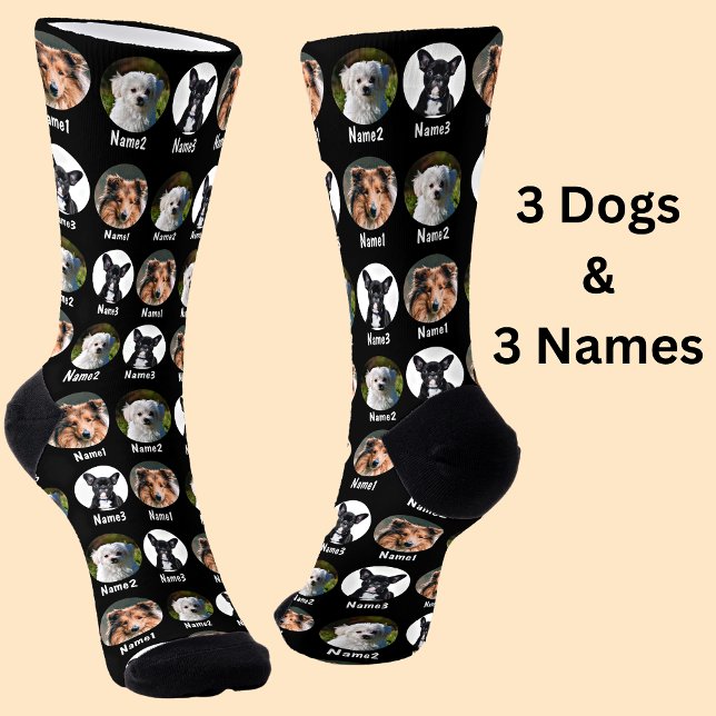 Chaussette 3 Chiens, 3 Noms, Photo Chien - Noir Personnalisé (Créateur téléchargé)