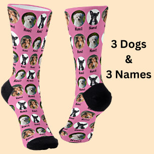 Chaussette 3 chiens, 3 noms, photo de chien - Rose personnali
