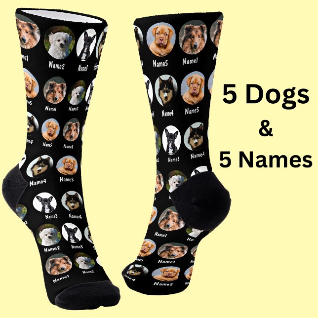 Chaussette 5 Chiens, 5 Noms, Photo Chien - Noir Personnalisé (Créateur téléchargé)