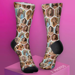 Chaussette 7 Photo Collage - funky honeycomb motif - blanc