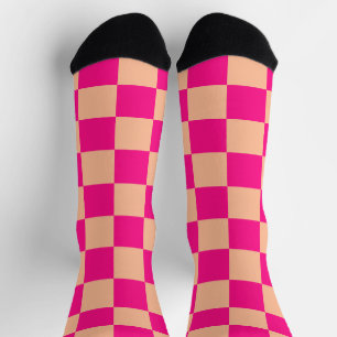 Chaussette à damiers carré pêche rose chaud rétro géométrique