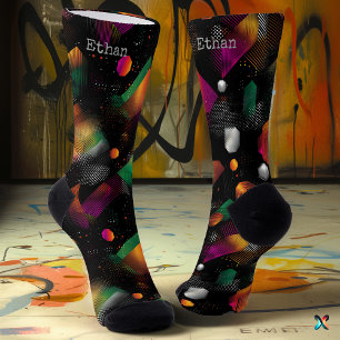 Chaussette Abstrait vibrant en orange, magenta sur fond noir 