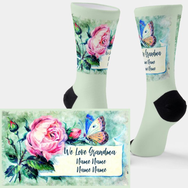 Chaussette Ajouter des noms, Grand-mère Rose Rose Floral bleu (Créateur téléchargé)