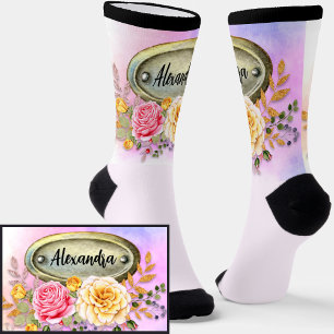 Chaussette Ajouter un nom, des Roses floraux avec une linthe