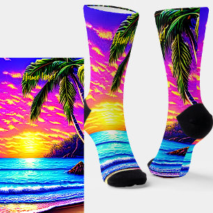 Chaussette Ajouter un nom, Sunset de plage stylisé avec Palm 