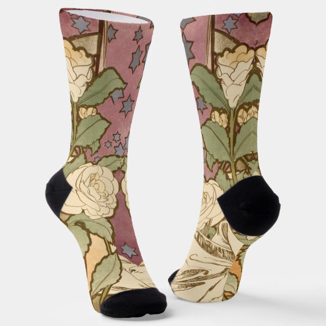 Chaussette Alphonse Mucha Elegant Art Nouveau Stars Camellia  (Angulaire)