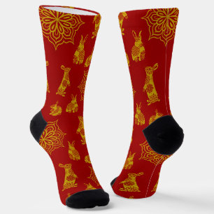 Chaussette Année du lapin Rouge et or Mandala Motif