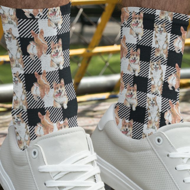 Chaussette Aquarelle de Chien de Corgi Plaid Buffalo (Créateur téléchargé)