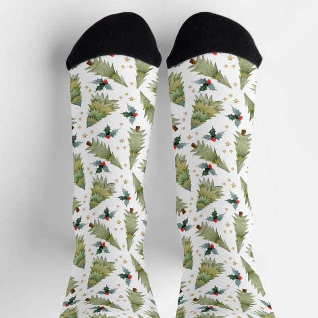 Chaussette Aquarelle Festive Arbres de Noël Holly Motif (Haut)