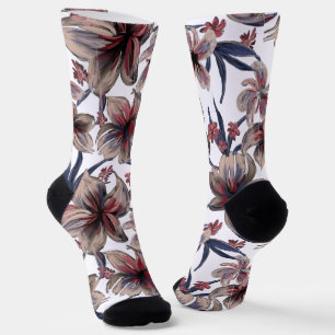 Chaussette Aquarelles Crimson Floral sur blanc