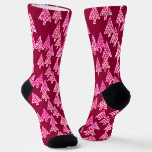 Chaussette Arbres de Noël Fleur Moderne, Bourgogne & Rose