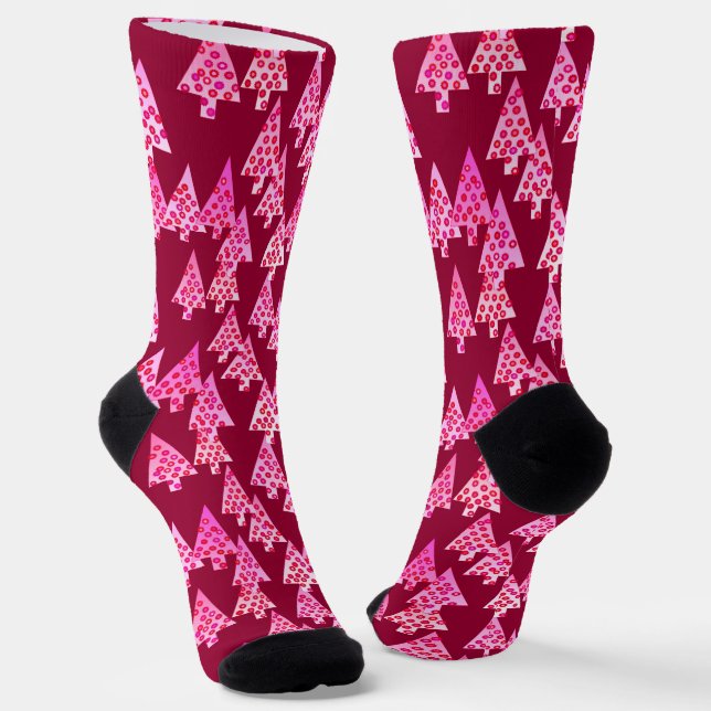 Chaussette Arbres de Noël Fleurs Modernes, Bourgogne & Rose (Angulaire)
