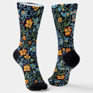 Chaussette Art floral complexe : Fleurs bleues et orange