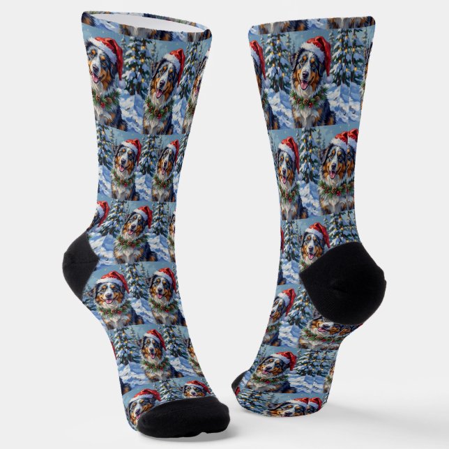 Chaussette Australian Shepherd Merle Winter Christmas Art (Angulaire)