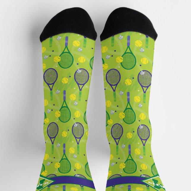 Chaussette Avec nom et initiale, raquette de tennis verte et  (Haut)