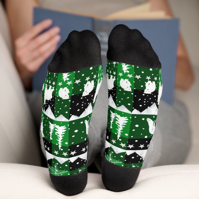 Chaussette Baleine nordique Animaux d'hiver Bison vert Plaid (Fond)