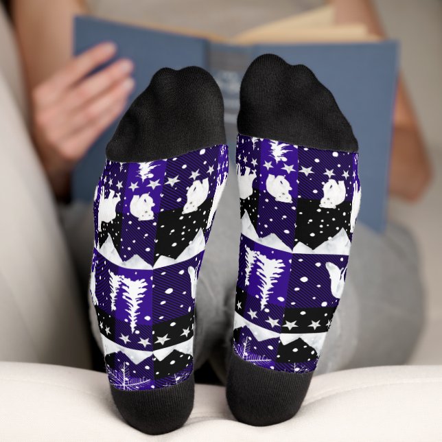 Chaussette Baleine nordique Animaux d'hiver Bison violet Plai (Fond)