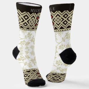 Chaussette Beige Blanc Or Rouge Floral Aztec Motif