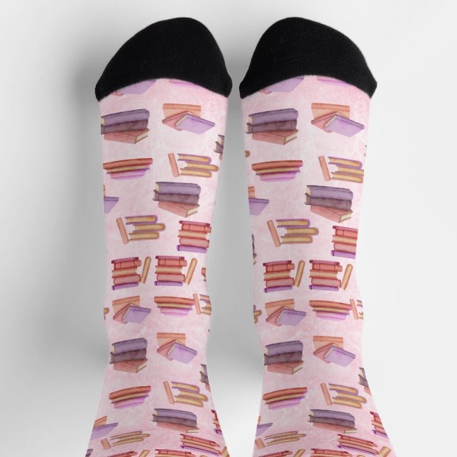 Chaussette Bibliothèque motif de livres d'aquarelle rose et v (Haut)