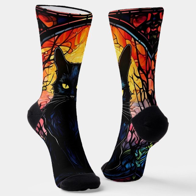 Chaussette Black Cat Vitrail Rouge Éffrayant (Angulaire)