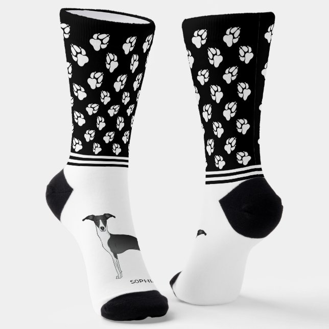 Chaussette Black & White Italien Greyhound Avec Nom Et Patrou (Angulaire)