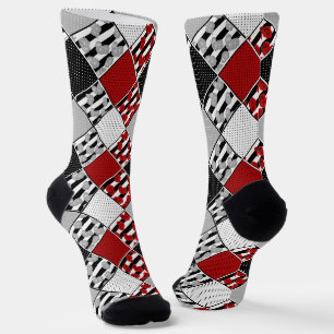 Chaussette Blanc noir avec patchwork rétro rouge
