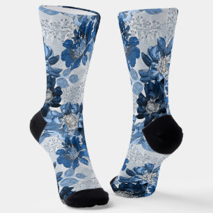 Chaussette Bleu clair, fleurs bleu foncé sur gris clair