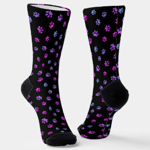 Chaussette Bleu rose violet Empreintes de pattes Motif noir