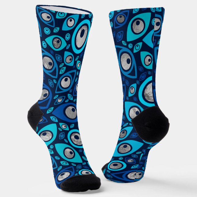 Chaussette Bleus et argent du motif grec de l'oeil (Angulaire)