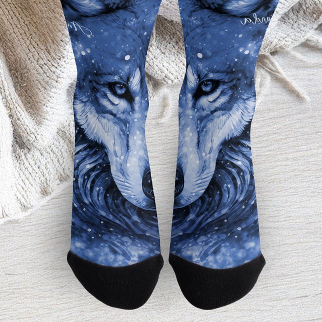 Chaussette Blue Wolf Cosmic Sky Stars Personnalisé (Blue Wolf Cosmic Celestial Sky Stars Personalized Socks)