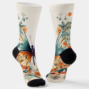 Chaussette Boho Floral Blossom Butterfly Meadow Aquarelle