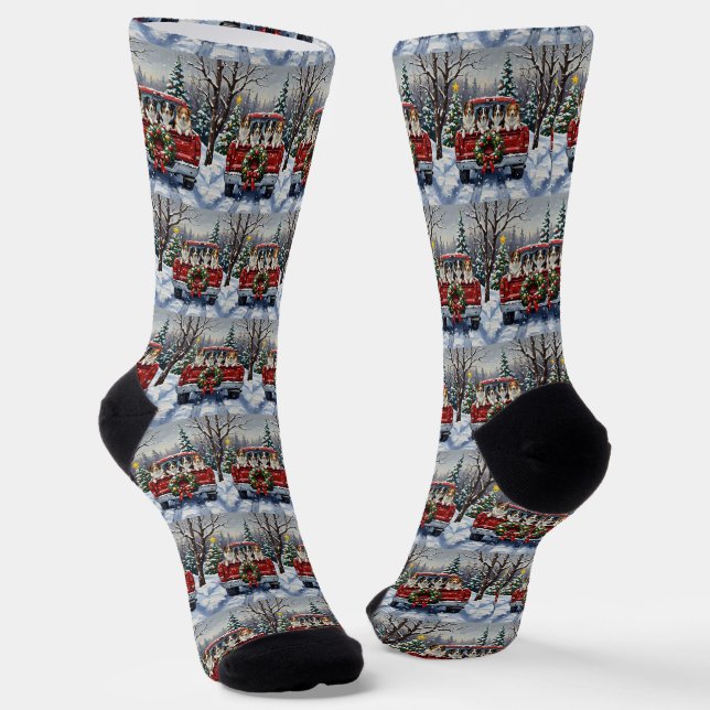 Chaussette Border Collie Christmas Red Truck Holiday (Angulaire)